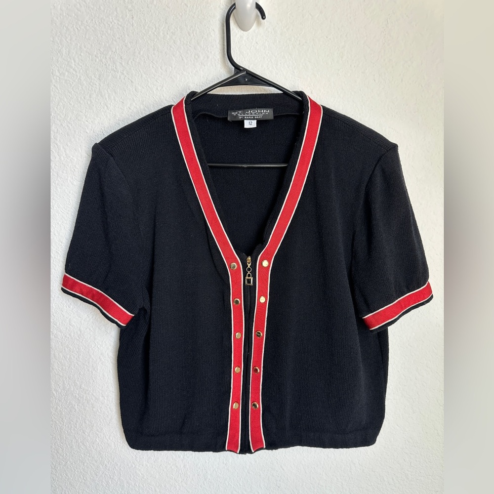 ST. John by Marie Gray Red/Black knit cardigan‎ size 12